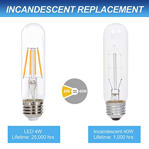 Simba Lighting Led T10 Tubular Edison Filament Light Bulbs (3 Pack) 4W Dimmable 40W Equivalent 120V For Cabinet Display, Piano Lamps, Clear Glass Decorative, Standard Medium E26 Base, Warm White 2700K #TOP3