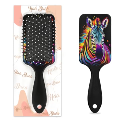 Cepillo para desenredar el cabello para mujeres y hombres, cepillo flexible de cerdas suaves (estampado animal de cebra colorido arcoíris)