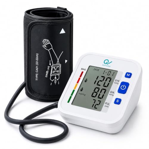 Image of Q DEVICES Digital Blood Pressure Monitor for Home Use - Fully Automatic Upper Arm BP Machine with Large LCD Display, 2 User Memory (198 Readings) & Adjustable 360 Extra-Wide Long Cuff - 4 AAA Batteries Included (White /Black)