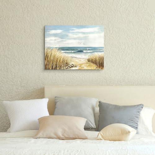 Canvas Wall Art Beach Picture: Coastal Scene Prints Decor Bedroom Bathroom Ocean Seascape Waves Painting Modern Seaside Sea Grass Seagull Artwork for Home Office Kitchen - Image 4