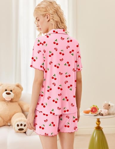 Image of Ekouaer Button Up Pajamas Set for Women Short Sleeve Ribbed Knit Sleepwear 2 Piece Pjs Shorts Set