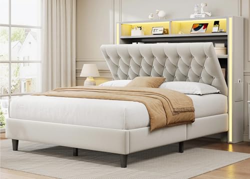 Queen Bed Frame with 53' Tall Headboard, Velvet Upholstered Bed Queen Size with 2-Tier Storage...