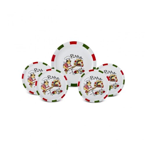 Karaca Napoly Lot de 5 assiettes à pizza en porcelaine pour 4 personnes, grande assiette à pizza (30 cm), 4 petites assiettes à pizza (27 cm), blanc multicolore