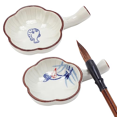 PH PandaHall Plant Ink Dish Porcelain Ink Plate with Handle Chinese Calligraphy Painting Brush Rest Holder Flower Shape Multifunctional Ink Dish for Calligraphy Sumi-e Painting Japanese Prints