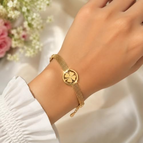 Image of Gold Tone Four Leaf Clover Charm Bracelet for Women | Adjustable Mesh Chain Wrist Bracelet | Bracelet for Girls & Women | Lucky Clover Design Jewelry Gift