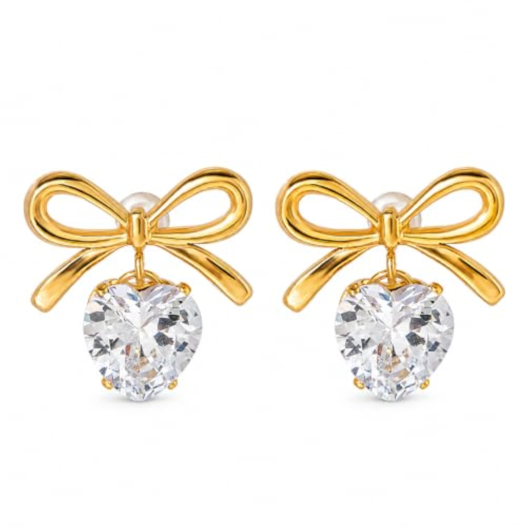 Women's 18K Gold Plated Bow Heart CZ Drop Earrings, Gift for Her