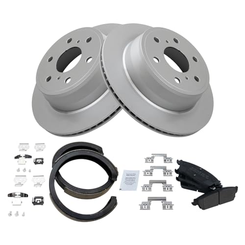 Image of TRQ Rear Brake Pad and Rotor Set Semi Metallic Coated Rotors Compatible with 2007-2010 Cadillac Escalade 2007-2014 Chevrolet Avalanche 2007-2013 GMC Sierra 1500