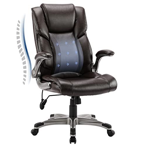 MOLOL Ergonomischer Bürostuhl aus Kunstleder, Schreibtischstuhl mit 74,9 cm hoher Rückenlehne und aufblasbarer Lendenstütze, Drehstuhl mit klappbaren Armlehnen, für Büro Homeoffice Gaming, Braun
