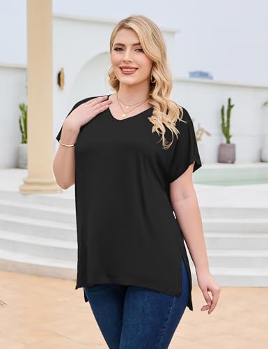 Florboom Women Plus Size Tops Long/Short Sleeve V Neck T Shirts Casual Loose Fit Basic Tee Tshirt3