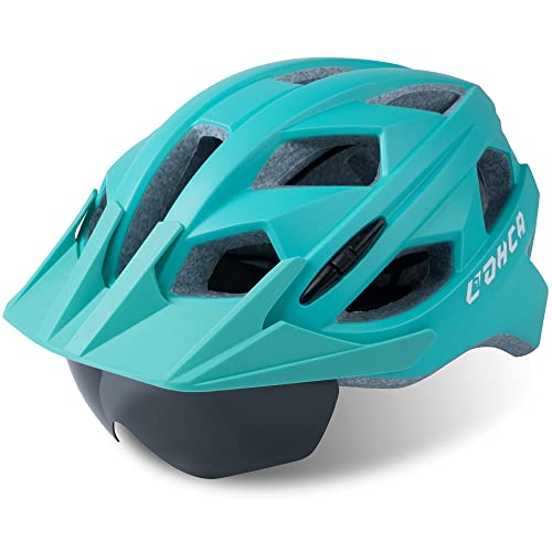 Lohca Fahrradhelm Atmungsaktiv MTB Mountainbike Helm Erwachsene Unisex mit Abnehmbaren Hutkrempe Schutzbrille und EPS-Rücklicht, Stadthelm Verstellbar Radhelm 55-61cm, Türkis