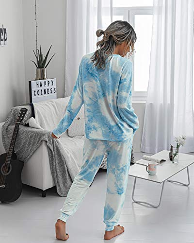 Prettygarden Women's Tie Dye Two Piece Pajamas Set Casual Long Sleeve Sweatshirt With Long Pants Loungewear (Blue,Large) #TOP4