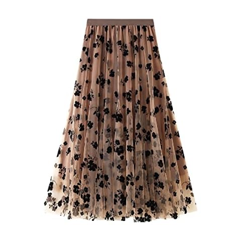 CCSYUS Women's Tulle Skirt A-Line Pleated Elastic High Waist Layered Mesh Ballet Prom Party Skirt Floral Tutu Midi Skirts Brown Cover