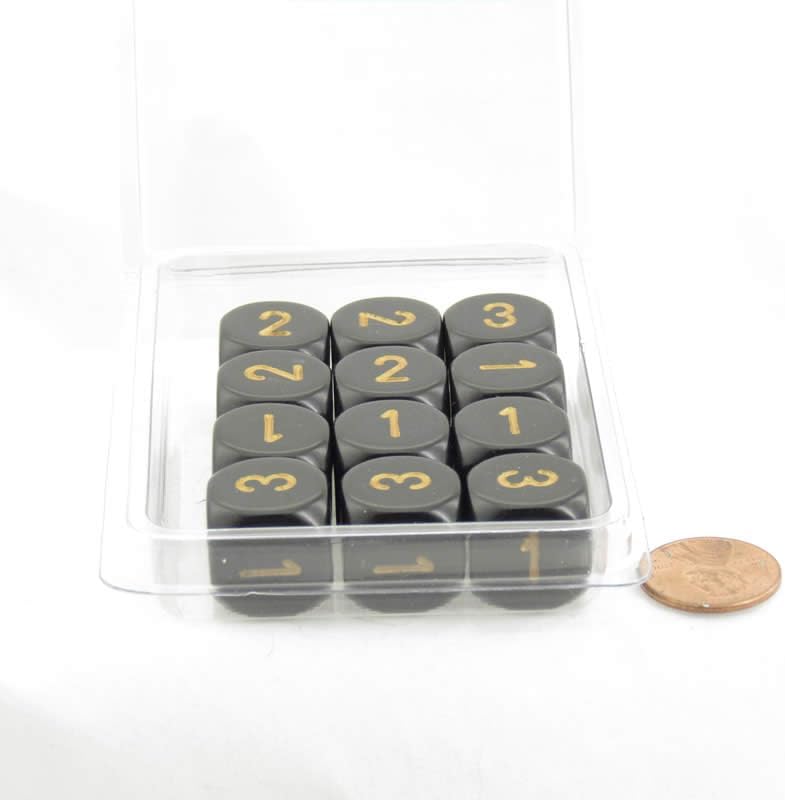 Black Opaque Dice with Gold Numbers D3 (D6 1-3 Twice) 16mm (5/8in) Pack of 12 Wondertrail