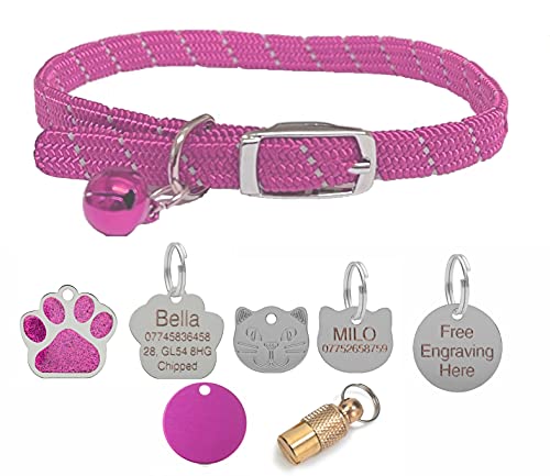 Collier réfléchissant pour chat/chaton avec élastique de sécurité et clochette avec étiquette personnalisée en option (rose, sans étiquette)
