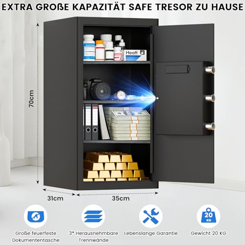 85L Extra Großer Feuerfester Safe Tresor für Zuhause, Tresor Feuerfest Wasserdicht mit Schlüssel, Sensor-Licht und 3 Abnehmbares Regale, Anti-Theft Safe Tresore für Geld, Dokument, Medizin