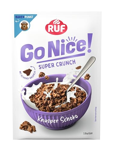 RUF GoNice! Super Crunch Knusper Schoko Müsli, crunchy Schoko-Granola mit Vollmilch Raspeln, 50 g Portionsbeutel