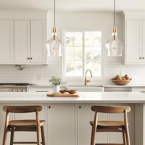 INK+IVY Auburn Pendant Lighting for Dining Room, Industrial Kitchen Lights, Hand-blown Glass Bell Shaped Pendant Light for Kitchen Island, Foyer, Bedroom, 9" Dia x 95.5" H, Gold/Clear by INK+IVY - Used condition - Image 2