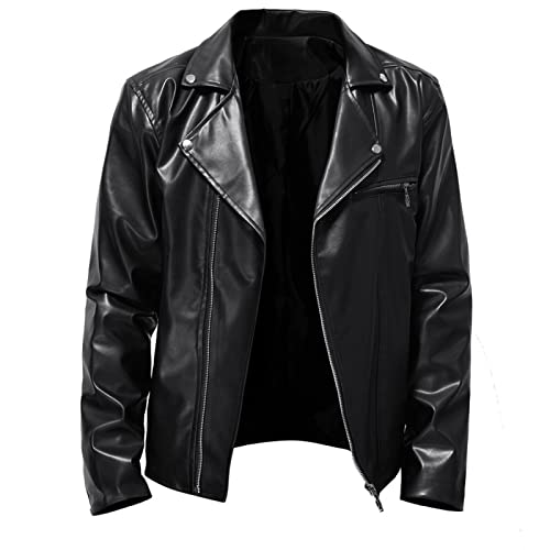 Image of HAOLEI Leather Jackets for Men Clearance, Motorcycle Bomber Jacket Mens Leather Lapel Asymmetric Zip-Up Biker Coat Windproof Warm Jackets Black Red Windbreaker Faux Leather Outwear with Pockets, 3XL