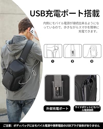 FENRUIEN ボディバッグ ショルダーバッグ 大容量 11インチiPad収納可能 肩掛けバッグ USBポート付き ワンショルダーバッグ メンズ 多層収納 斜めがけバッグ ハイキング用デイパック カジュアル の商品画像 3