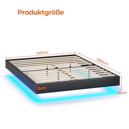 DICTAC Bett 140x200 mit Verstellbarer Beleuchtung,Bettgestell 140x200 mit weicher Polsterung, Floating Bed Frame, Gepolstertes Jugendbett für Schlafzimmer, Gästezimmer, Leichte Montage, Schwarz