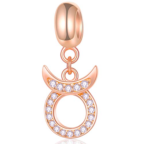 Taurus Zodiac Sign Charms Fits Pandora Charm Bracelet – Rose Gold 925 Sterling Silver Necklace Pendant, 12 Horoscope Constellation Dangle Cz Birthstone Beads, Gifts For Women/Mom #TOP30