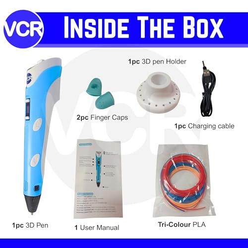 Image of VCR Blue 3D Pen with USB Power - Pack of 3 x 3 Meters in Length Filament Forward Button to start 3D Pen - Adjustable Temperature for 1.75mm PLA - Perfect Pen for DIY Craft with LCD Display