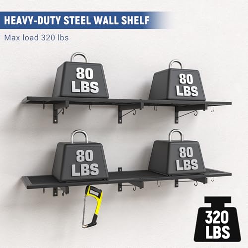 Image of 2 Pack Garage Wall Shelf, Heavy Duty Garage Shelving, 46 inchX 12.5 inch Wall Mounted Floating Shelves, Metal Hanging Storage Rack with 8 Hooks, Utility Organizer Max Load 320 LBS for Laundry Room, Workshop