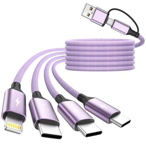 4 in 2 USB A/USB C Cable with 3 Type-C+ 1IP Ports, USB C Splitter Multi Charging Cables for Multiple Devices, Travel Essentials Car Charger Cord for iPhone17-12/Android/Pad and More (1Pack 5FT Purple)