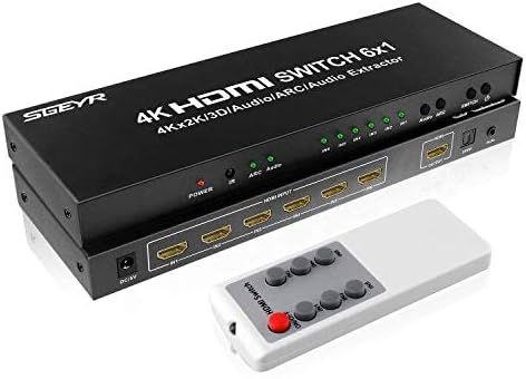 SGEYR HDMI Switch Audio HDMI Switch 6 Port with Upgraded IR Remote HDMI Switch 6 in 1 Out with Audio Extractor SPDIF Or 3.5mm Audio Out Support 4K@30Hz for PS3/PS4/Blu-ray DVD (HDMI Switch 6X1)