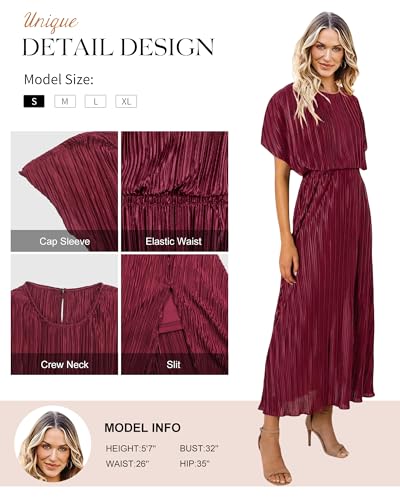 Image of ECOWISH Women Maxi Dresses Cocktail Party Wedding Guest Formal Pleated Long Dress Short Sleeve Slit Empire Waist Evening Gown
