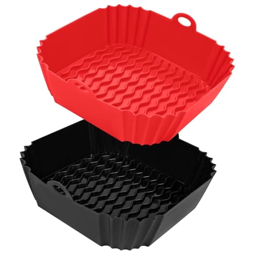 Image of 2 PCS Square Silicone Air Fryer Liners with 1 Pair of Oven Mitts, 1 Basting Brush and a 1 Tongs, Reusable Silicone Molds Air Fryer Accessories, Oil Brush, Replacement of Parchment Paper (Black & RED)