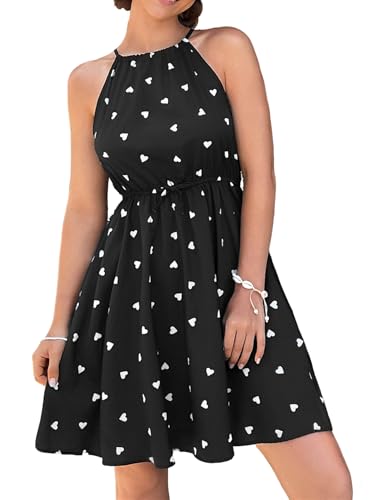 SHENHE Girl's Summer Halter Neck Dress Heart Print Sleeveless A Line Flowy Short Sundress