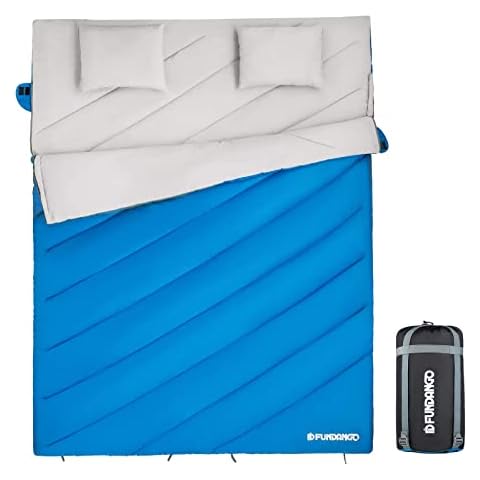 FUNDANGO Double Sleeping Bag 2 Person Sleeping Bags for Adults Envelope Compact Waterproof Warm Season Cool Weather Sleeping Bag for Camping Backpacking Hiking Oversize XL with Carry Bag&2 Pillows Cover
