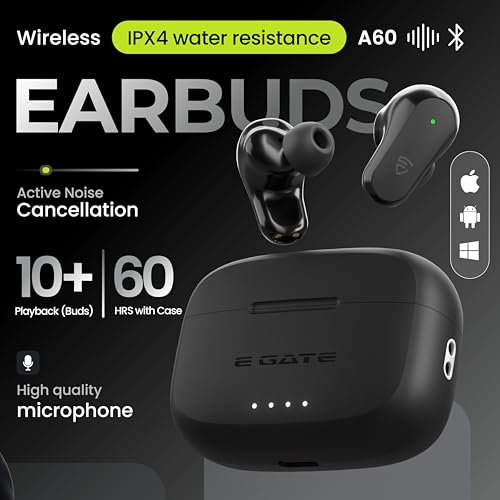 Image of E GATE A60 Gaming Earbuds with 60 Hrs Playtime, Quad Mic ENC,Touch Control, Low Latency, BT v5.3 Bluetooth Ear Buds with Voice Assistant, 10mm Bass Dynamic Driver, Water Resitant Wireless Earphones