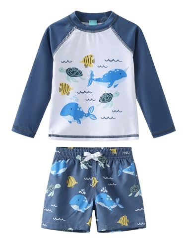 Toddler Boys Swim Set Long Sleeve Rash Guard Set for Baby Boys Two Piece Bathing Suits Swimwear Navy Sea Creatures 5T