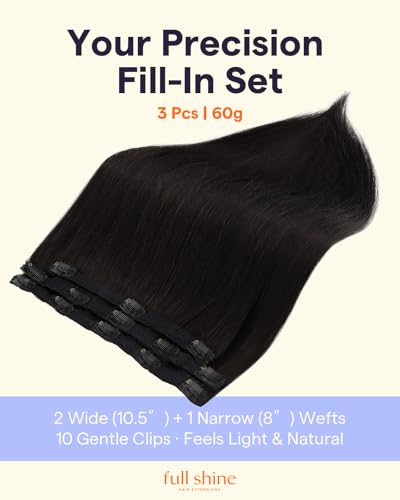 Image of Full Shine Black Clip in Extensions Real Human Hair | Natural Clip in Hair Extensions, for Black Women, Soft Natural Look, 16 Inch 3 Pcs 60g