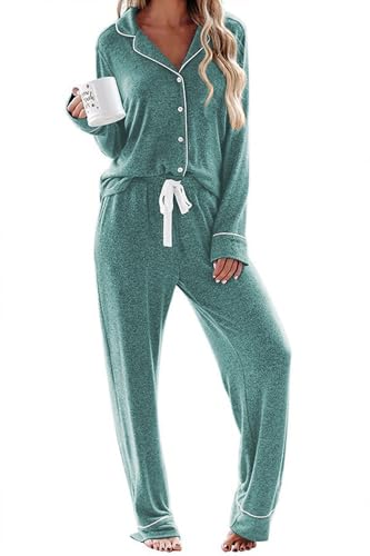Ekouaer Women's Pajamas Long Sleeve Sleepwear Casual Button Down Loungewear Soft Pjs Set S-XXL