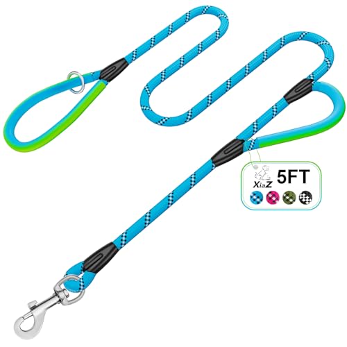 Heavy Duty Dog Leash 2 Handles 4/5/6ft-Blue XiaZ Dog Leashes for Medium Large Dogs That Pull 1/2 Inch 1000lb Strength Thick Rope Leash PVC Waterproof-Handles Metal Hook Nighttime Safety
