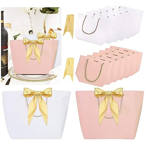 TANCUDER 12 PCS Gift Bags with Handles 28x20x9cm Paper Party Favor Bag Bulk Sweet Candy Goody Bags with Bow Ribbon for Elegant Birthday Wedding Graduation Celebration Present Wrap, Pink & White,Medium Cover