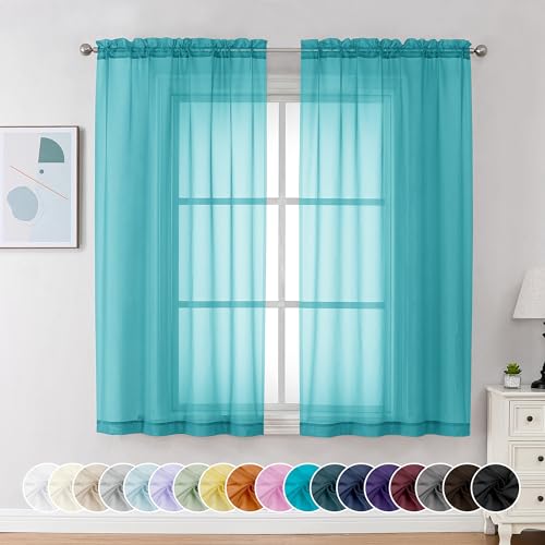 Image of Chyhomenyc Turquoise Sheer Curtains 54 Inch Long 2 Panels, Light Filtering Rod Pocket Voile Short Curtains Drapes for Living Room Bedroom Small Windows, 42Wx54L Inches