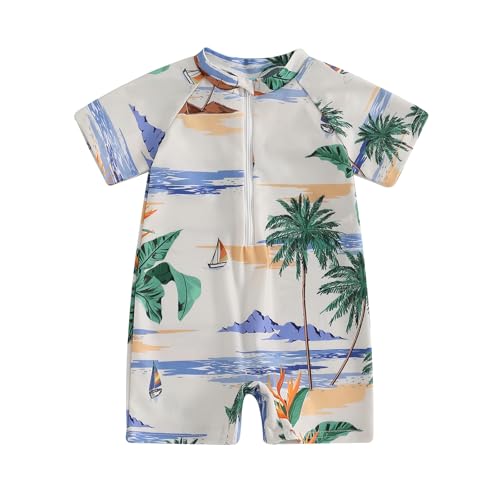 Baby Boys Summer Swimsuit Dinosaur/Shark Print Zipper One Piece Rash Short Sleeve Zipper Jumpsuit Swimwear Beachwear