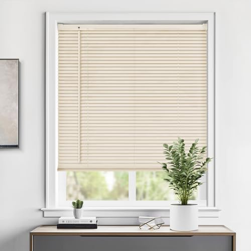 LazBlinds Cordless 1" Vinyl Mini Blinds for Indoor Windows - Light Filtering Horizontal Window Blinds & Shades, 33" W x 64" H, Beige
