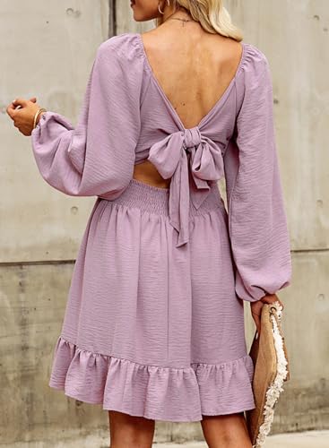 Image of Dokotoo Womens Dress Lantern Sleeve Elastic Waist Tie Backless Mini Dress | Square Neck,Off Shoulder,Flowy,Ruffle A-Line,Casual,Mini Dress,Beach Vacation Clothes,Fall Outifits,Wedding Guest,Boho