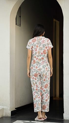 Image of SANSKRUTIHOMES Women's Premium 100% Cotton Printed Co-Ord Set | Short Sleeve Shirt & Pant Set | Pink Checkered Sun & Palm Tree Print | Casual Summer Resortwear, Vacation Wear & Comfortable Loungewear