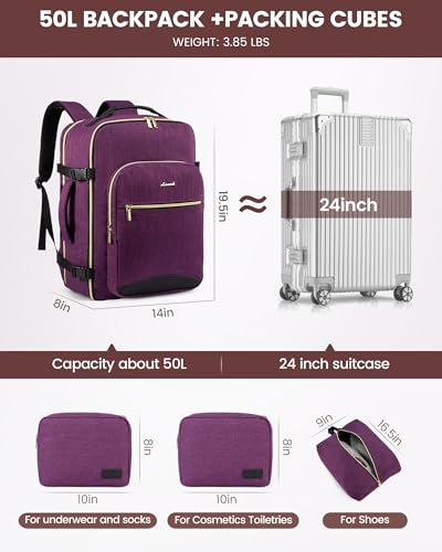 Image of LOVEVOOK 50L Travel Backpack Flight Approved Carry on Backpack,3 Packing Cubes,Waterproof Personal Item Travel Bag,TSA Carry on Luggage Suitcase Travel Essentials,Gifts for Women & Men,fits 18 inch Laptop