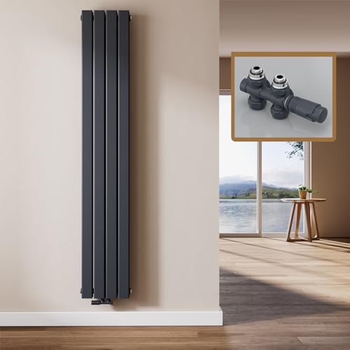 EMKE Design Heizkörper Schmal Hoch, 1800x304 mm Vertikal Flachheizkörper mit Mittelanschluss, Doppellagig Anthrazit Paneelheizkörper Wandheizkörper für Bad, Schlafzimmer & Wohnzimmer, 1082W