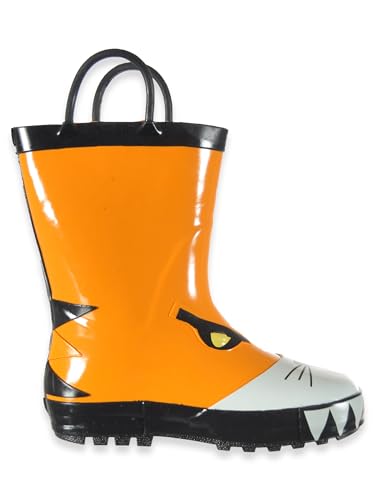 Boys Rain Boots for Toddlers - Waterproof Rubber Rainboots with Easy-On Butterfly Handles (Orange Tiger, Size 8)3