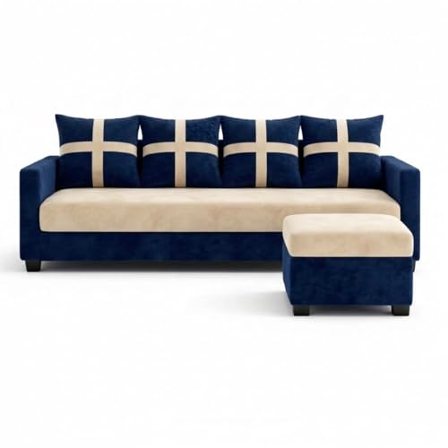 Image of Caviriq 5 Seater L Shape Sofa Set with Movable Ottoman | Flexible Layout | Luxury Velvet Suede Fabric | Modern Living Room Sofa | Dark Blue-Cream
