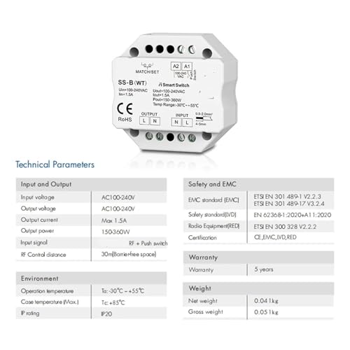 Interrupteur ca SS-B(WT) 2.4G gradation commande vocale et bouton poussoir
