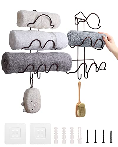 Oxdigi Handtuchhalter zur Wandmontage, 2er-Set, robuster Metall-Handtuchhalter, extra hohes Regal für Badetücher, Wein, Yoga-Matten/baumförmiger Handtuch-Organizer für Badezimmer, Salon, Spa (braun) Cover